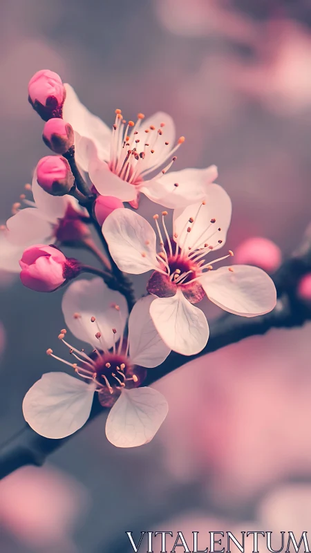 Cherry Blossom Cluster with Pink Buds and White Petals.