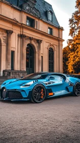 Blue hypercar parked before historic mansion at sunset.