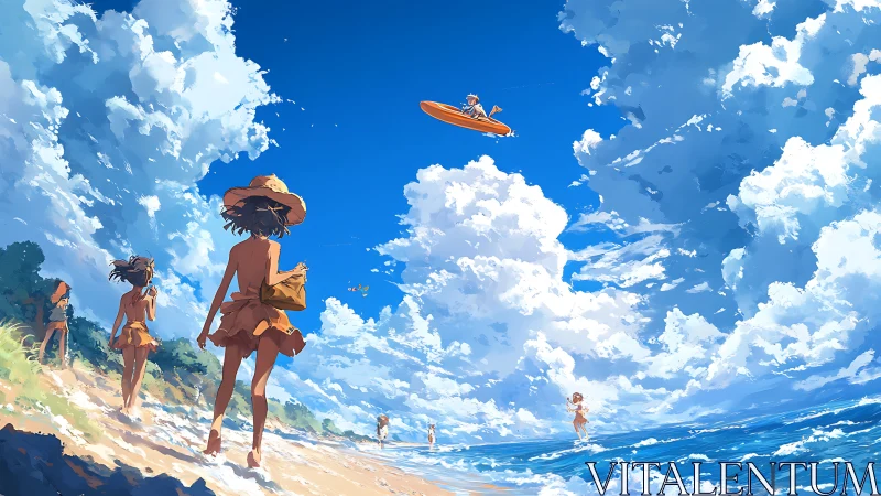 Children walk along bright summer beach under huge clouds.