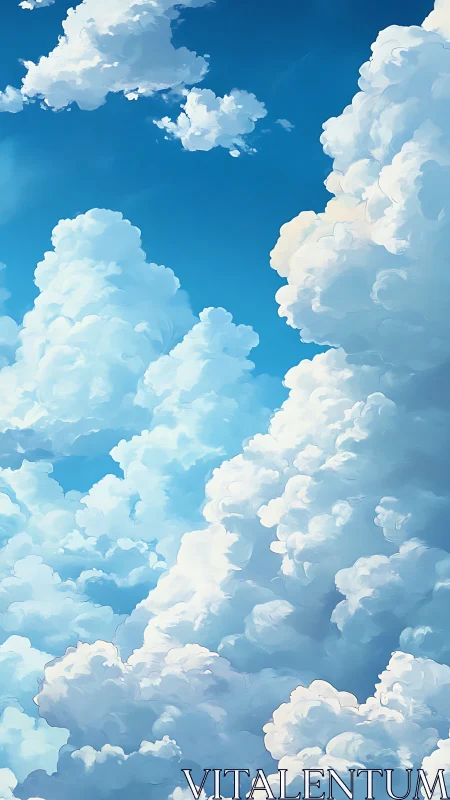 Sunlit cumulus clouds rise into a calm, endless blue sky