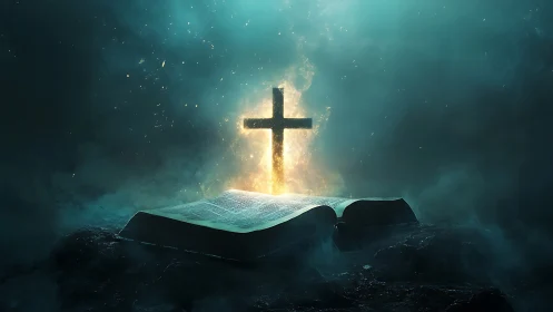 Glowing cross rises from open Bible in ethereal teal mist