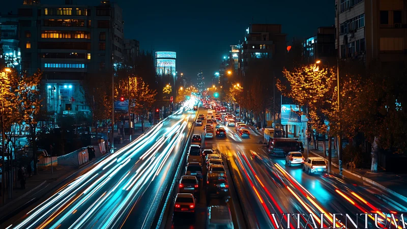 City lights and rushing traffic painting a neon night mood.