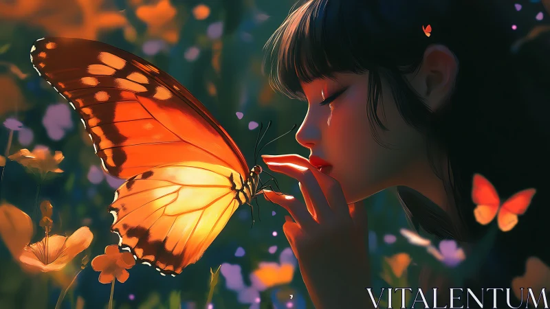 Soft sunset girl and glowing butterfly in quiet bloom.