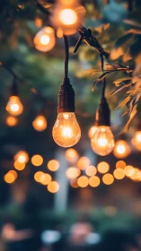 Golden string lights glowing softly in a leafy evening nook.