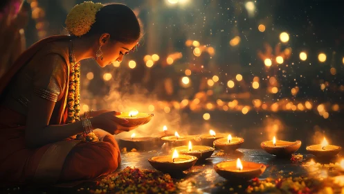 Woman in sari lighting clay oil lamps during Diwali night.