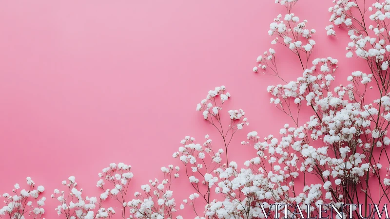 Delicate white blooms cascade across dreamlike rose-hued canvas.
