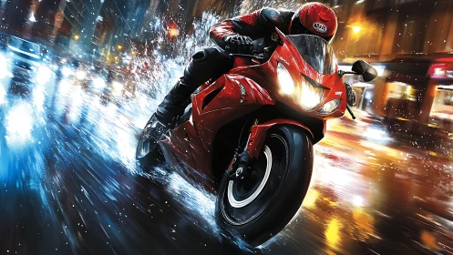 Red superbike carves dynamic arc through neon-soaked night street
