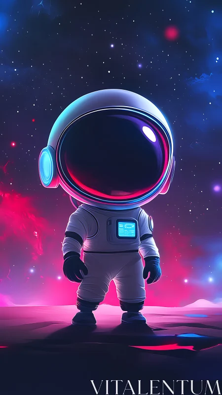 Playful little astronaut glowing under neon starlight.