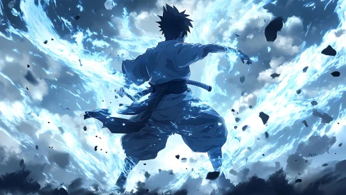 Backlit swordsman amid blue energy vortex and debris field.