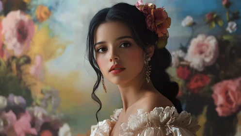 Romantic floral portrait of young woman in baroque dress