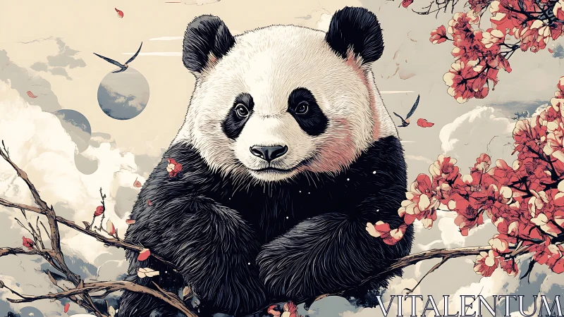 Dreamy panda rests among blossoms in a soft painted sky