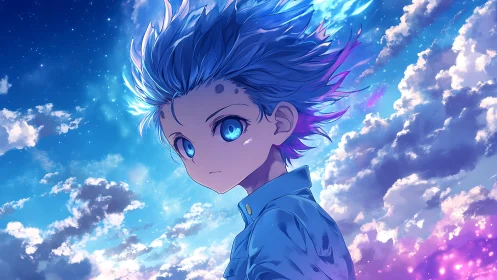 Blue-haired anime youth gazes over luminous twilight sky