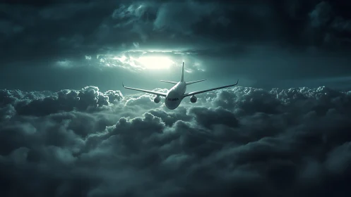 Twin‑engine jetliner cruising above storm clouds at dusk