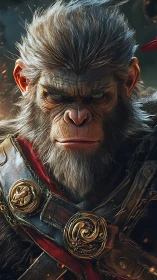 Armored simian warrior portrait with ornate metal details.