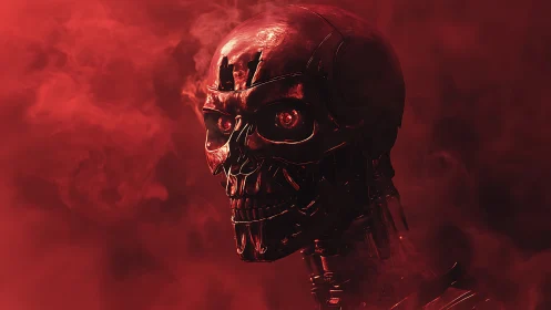 Chrome skull robot head glows inside red atmospheric smoke.