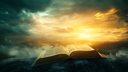 Luminous ancient book on rocky plateau under volumetric sunrise glow