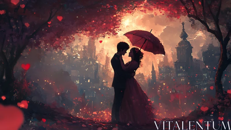 Romantic Embrace Under Red Umbrella Against Cityscape.