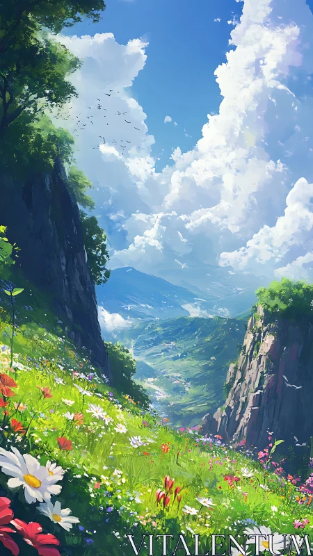 Sunlit alpine valley with wildflower meadow panorama.