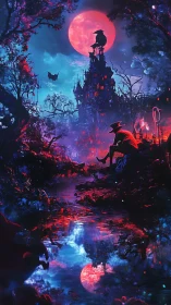 Neon-lit haunted castle under blood moon with reflective stream