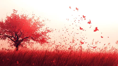 Red tree and butterflies form a continuous field composition