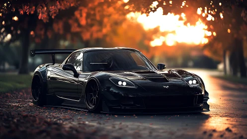 Low-slung black sports car under glowing autumn canopy.