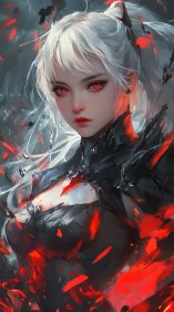 Fiery eyed cyber sorceress rises from swirling crimson shards