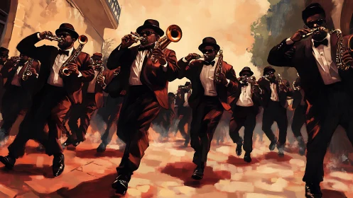 Dynamic street jazz parade in expressive digital painting style.