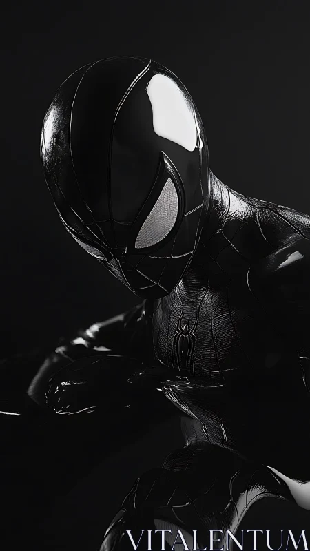 Moody black-suited hero poised in glossy quiet darkness.