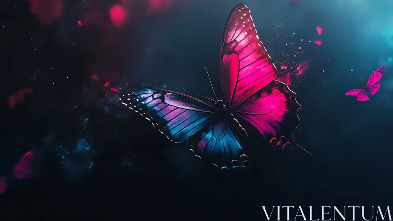Neon-lit butterfly with bokeh particles in high-contrast gradient atmosphere