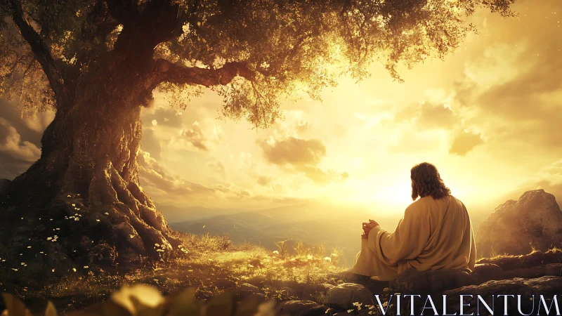 Golden hillside prayer beneath an ancient sheltering tree.