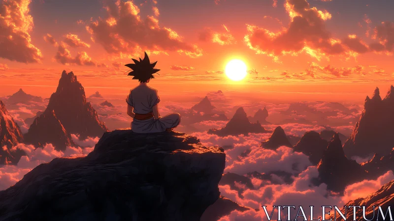 Anime warrior meditates above glowing cloud-capped peaks at sunset.