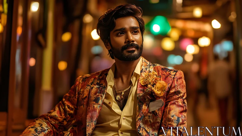 Man sits in patterned suit under blurred urban night lights
