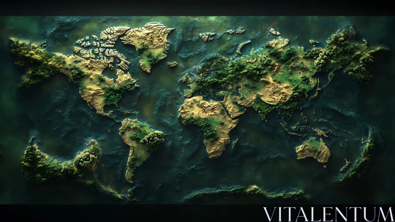Lush world map relief invites a calm journey across continents