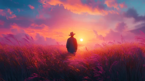 Solitary wanderer walks into a neon dreamlike sunset field