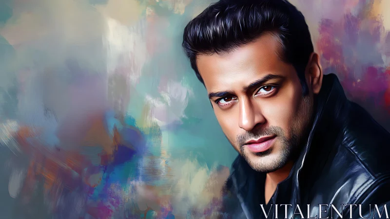 Digital portrait with hyperreal male face and chromatic blur background.