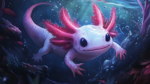 Bubble-bright axolotl drifts through a dreamy blue reef.