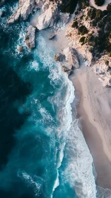 Aerial view captures turquoise surf meeting rocky coast