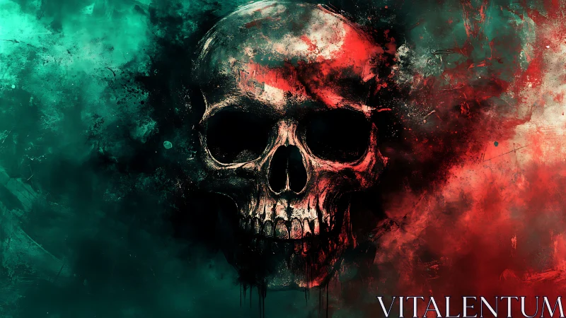 Skull emerges from red and teal abstract smoke background