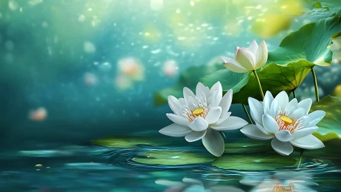 White Water Lilies with Yellow Centers Floating on Turquoise Pond