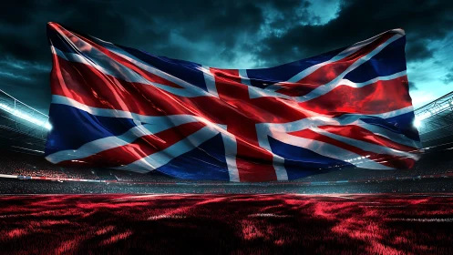 Union Jack flag billows dramatically above modern sports arena