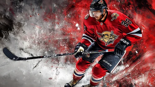 Dynamic hockey player carving through vivid red energy.