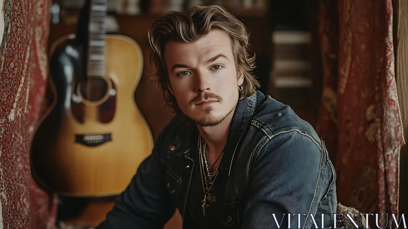 Male subject seated indoors beside acoustic guitar.