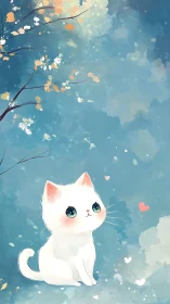 White Cat with Blue Eyes Under Blossom Tree