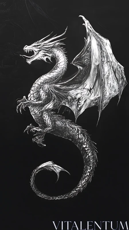 Ink-rendered serpentine dragon in high-contrast monochrome design.