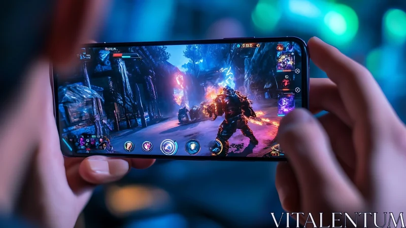 Mobile gamer holds smartphone showing vivid fantasy battle