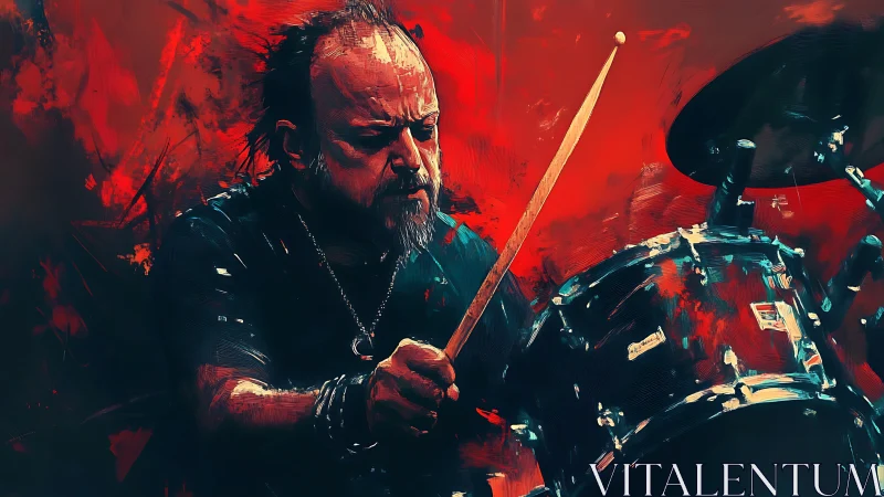 Drummer in intense red scene playing dynamic drum kit.