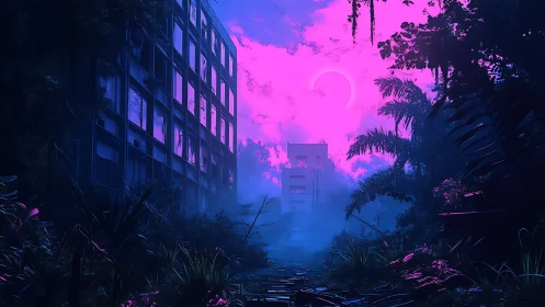 Neon jungle street embracing a quiet, forgotten city path.