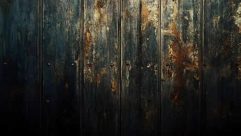 Weathered metal wall glows softly with rust and deep patina