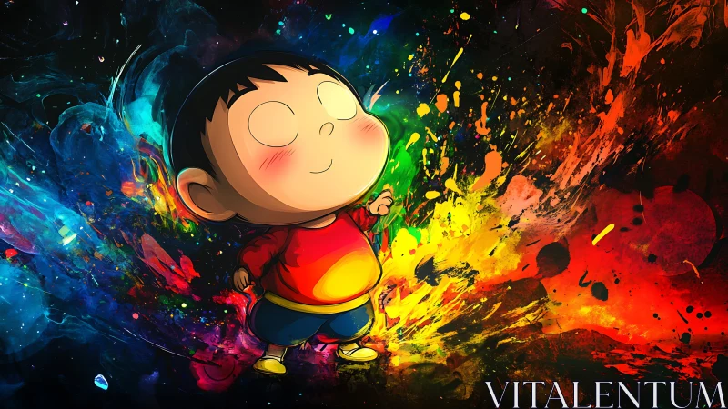 Chromatic vector child amid explosive spectral fluid dynamics.