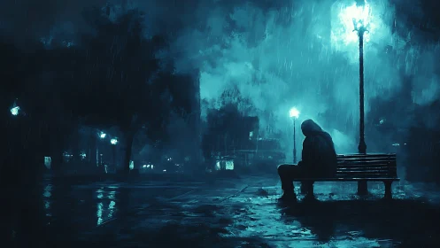 Solitary hooded figure on bench under wet night streetlights.